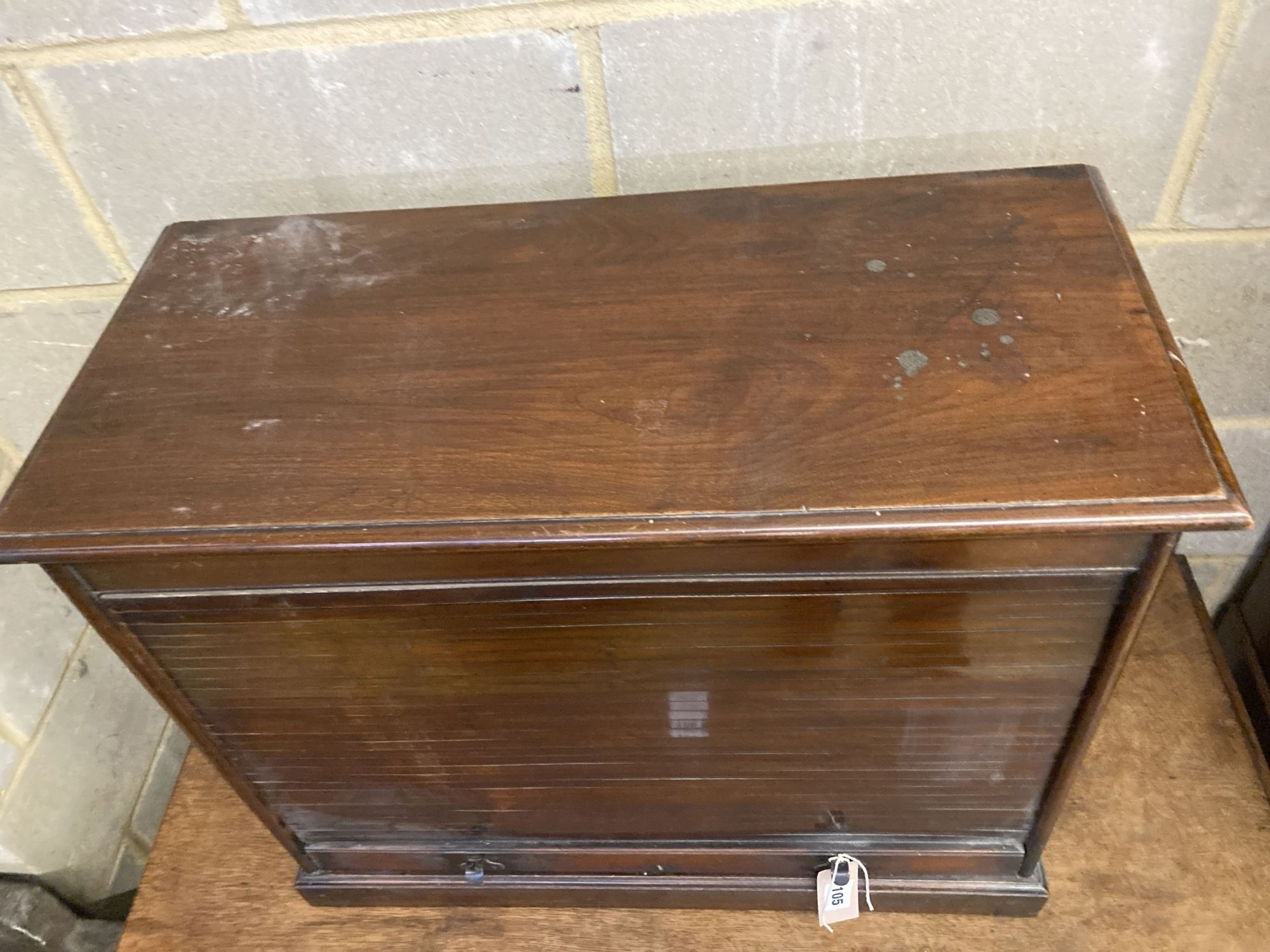 An early 20th century mahogany tambour table top office cabinet, width 68cm, depth 31cm, height 56cm